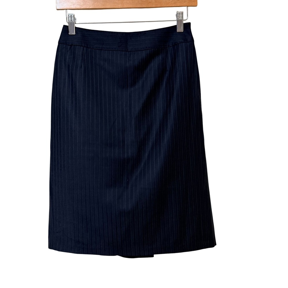 ICB‎ Navy Blue Pinstripe Wool Blend Midi Skirt Size 2 Professional Officecore